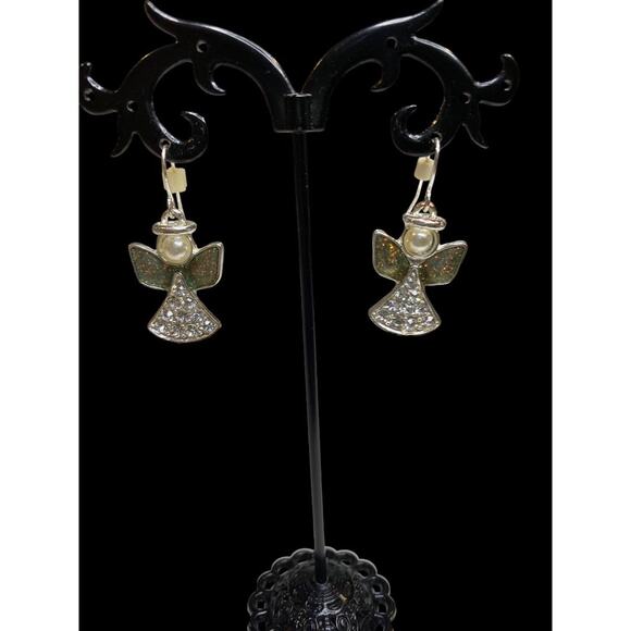 Angel Earrings Fishhook Pierced Silvertone 1.4" Drop Sparkly - Picture 7 of 7